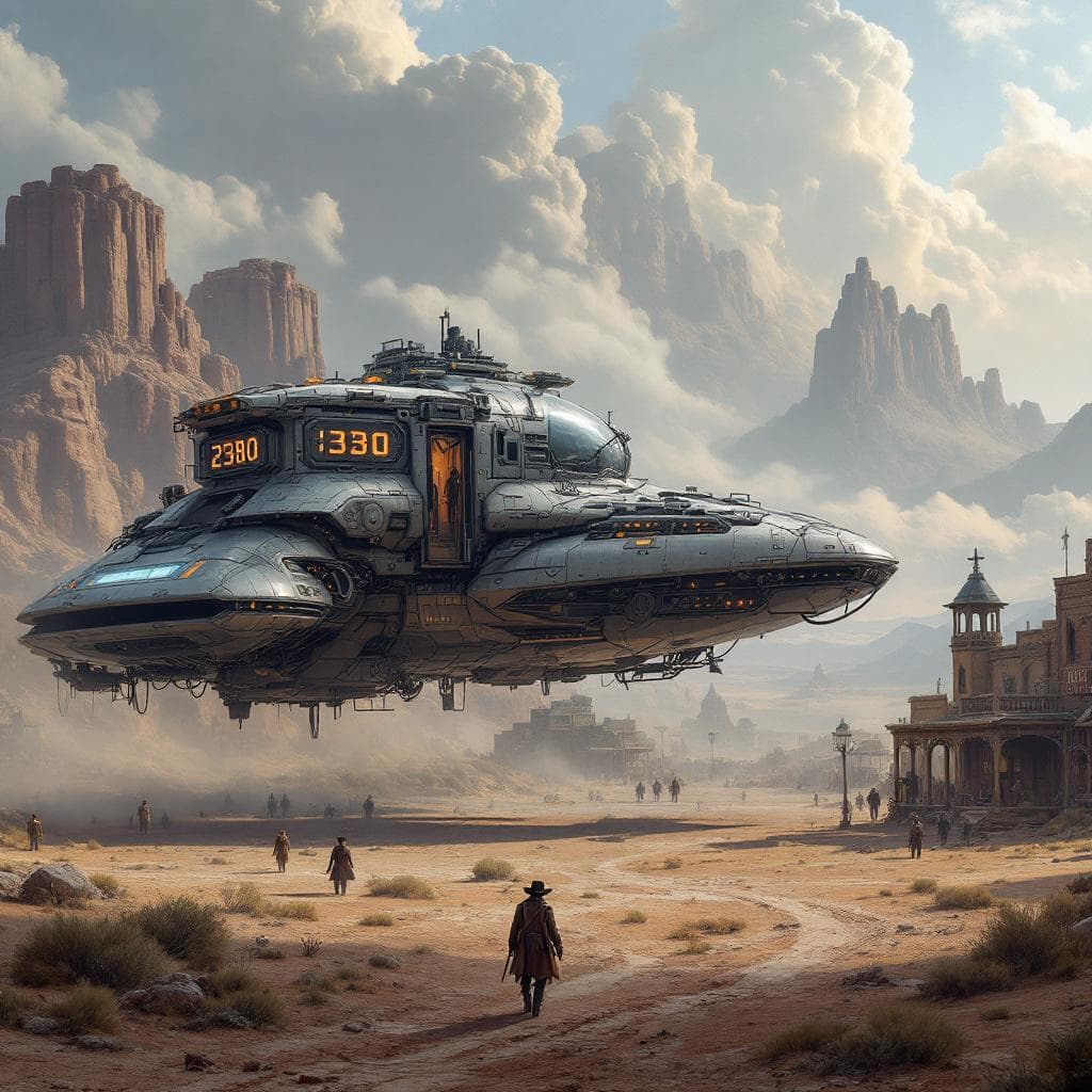 AI generated: The Old West in a futuristic setting. 1880 meets 2380 with a futuristic stagecoach that hovers witho...
