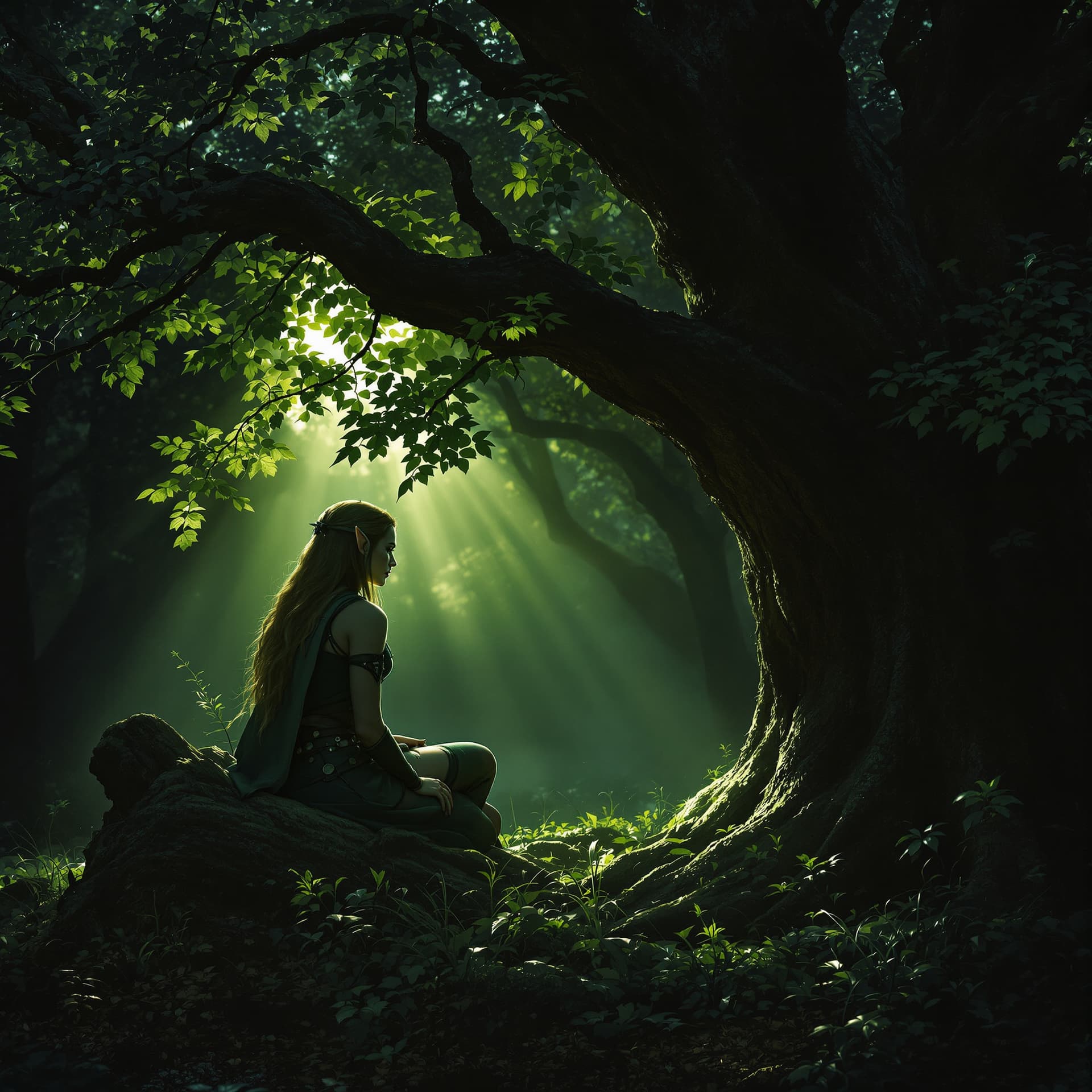 AI generated: female lord of the rings warrior elf sitting under a tree in Lothlórien, watching and expecting an i...