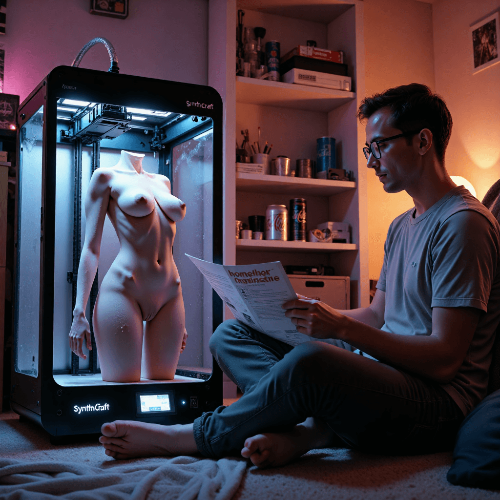 AI generated: (Primary Subject: Woman, 3D-Printed in Realistic Modern Printer, 1.7 weight) — inside a dim, clutter...