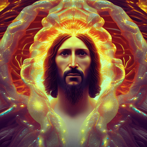 AI generated: Jesus Christ portrait ribcagel. jellyfish phoenix bioluminiscent creatures, intricate artwork . octa...