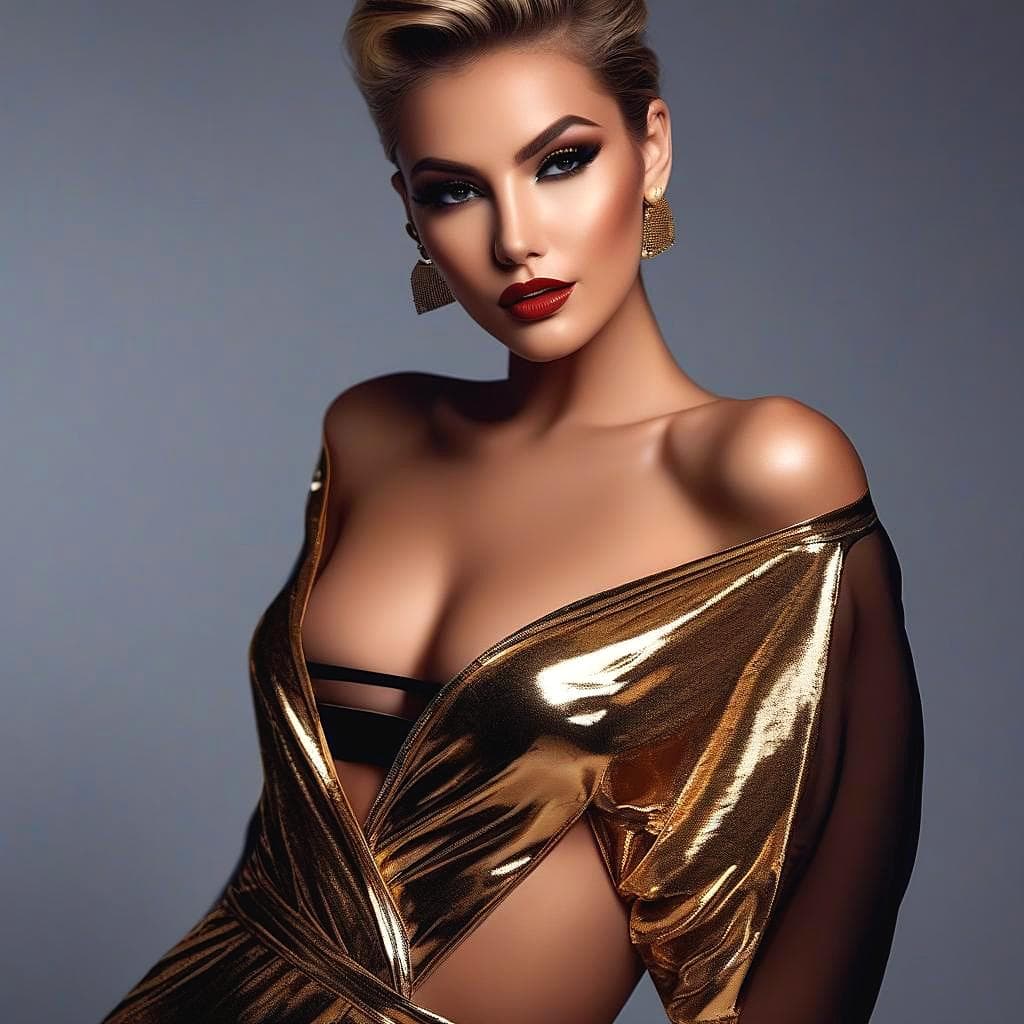 AI generated: The photo shows a young woman posing in a glamorous outfit. She is wearing a strapless metallic gold...