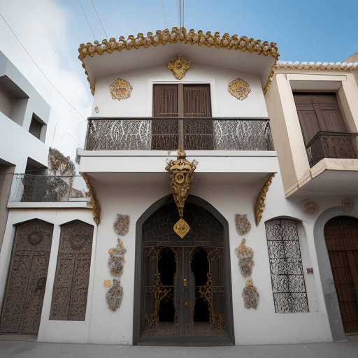 AI generated: fachada de casa, zona antiga, na centro de pequena vila, decoração banksy, inspiração gaudi, primeir...