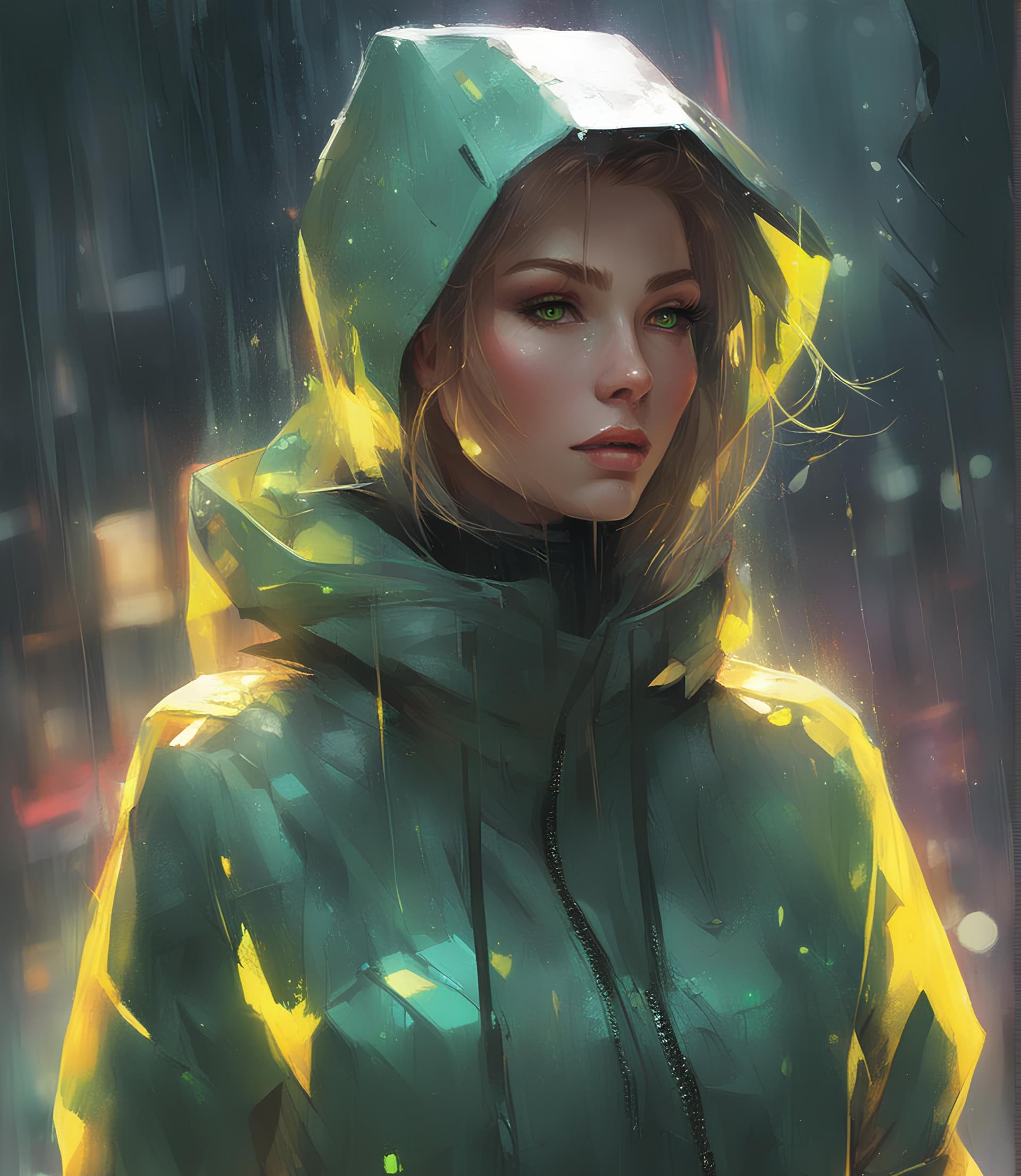 AI generated: a woman with green eyes standing in the rain, inspired by rossdraws, digital art, futuristic yellow ...