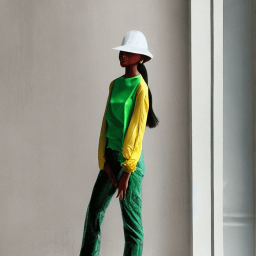 AI generated: fashion cover, front view, upper-body, woman model, white marble wall, green shirt, yellow pants --a...
