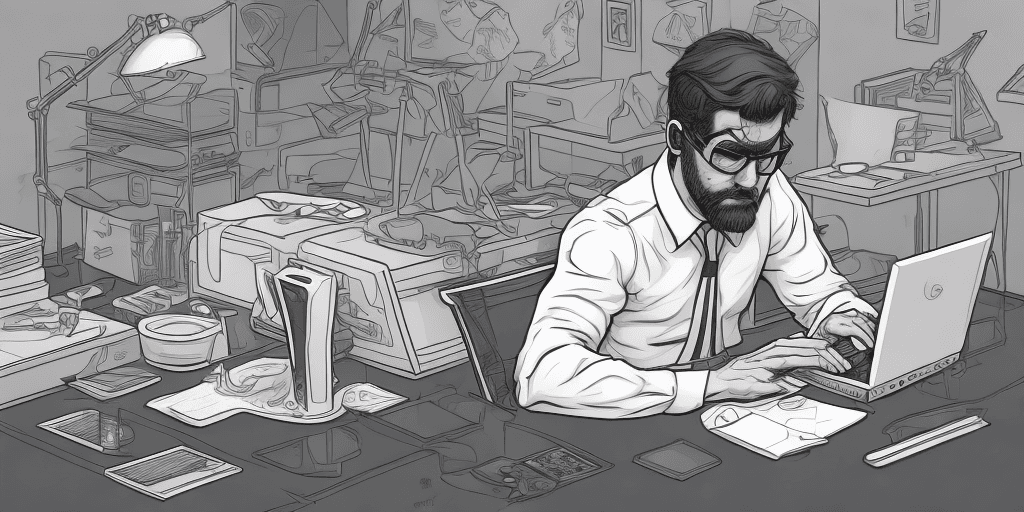 AI generated: A detailed monochromatic vector illustration of one software developer working on a laptop while sit...