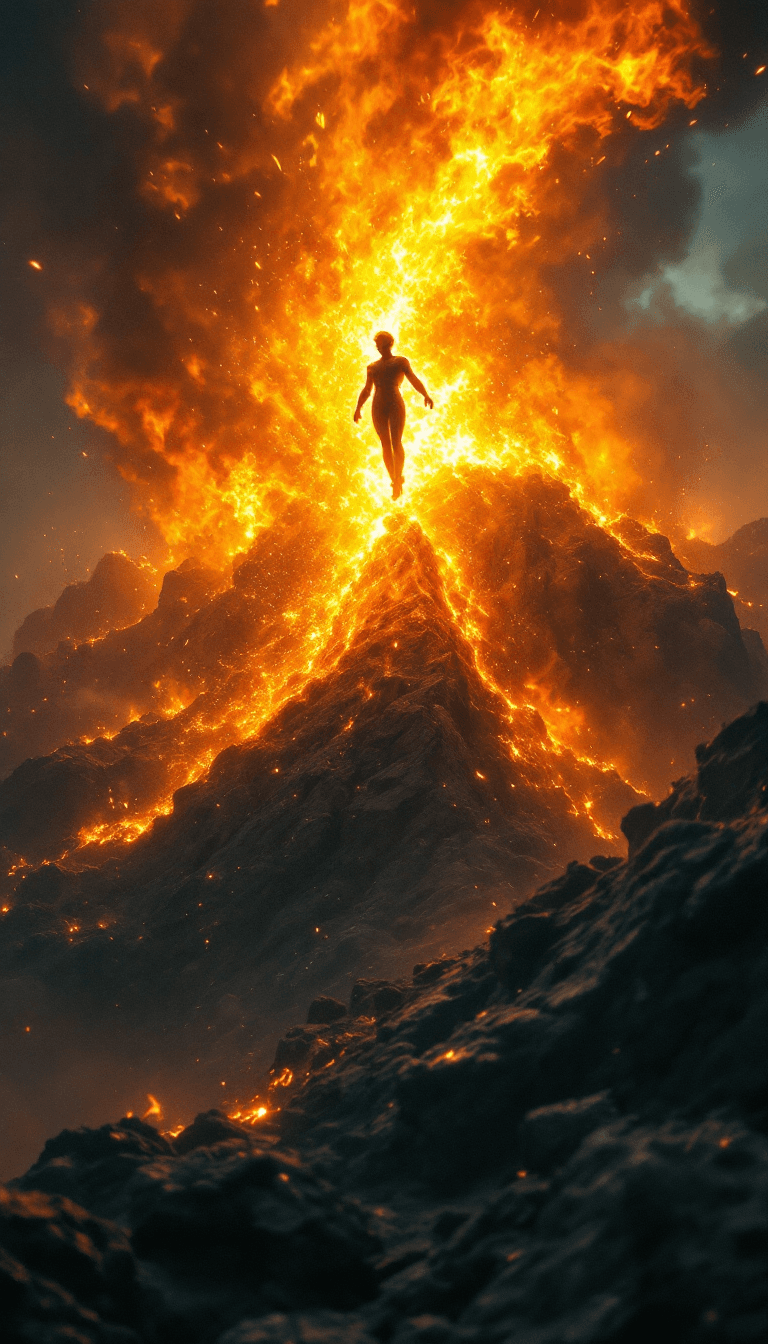 AI generated: Envision a fully body portrait of  tinker bell flying upward  as   super hero rising from the ashes,...