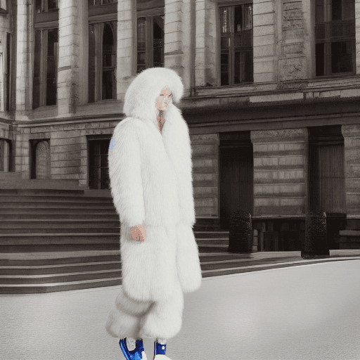 AI generated: Fashion shoot, Jacquemus and moncler collaboration: light white translucent fur sneakers, hyper-real...