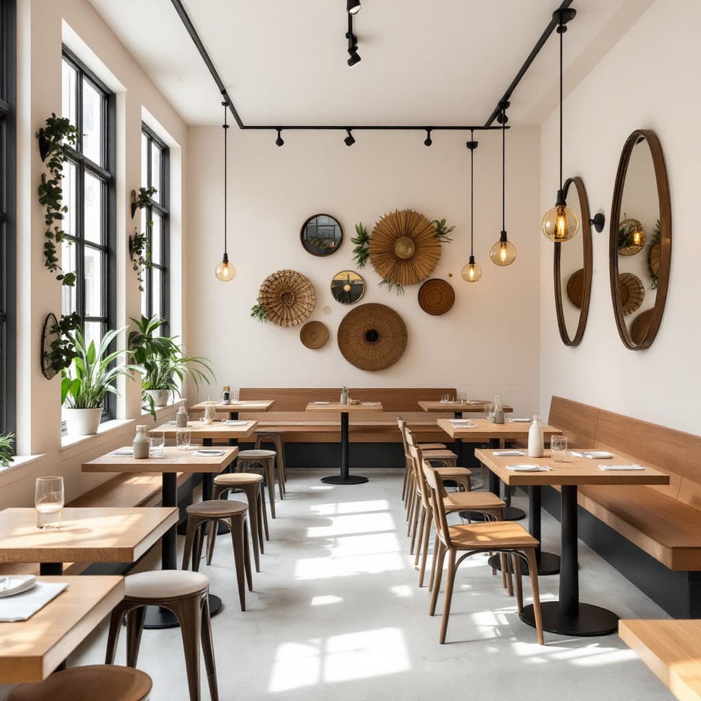 AI generated: The inside image of a small one floor restaurant in New York that serves comfort food. Use wooden ta...