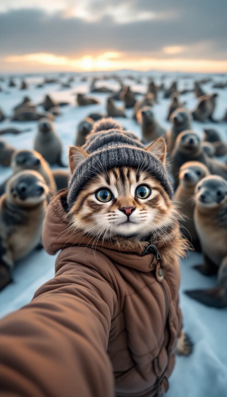 AI generated: In the snow, there is an ice field with many seals standing on it. A real cute baby cat wearing a br...