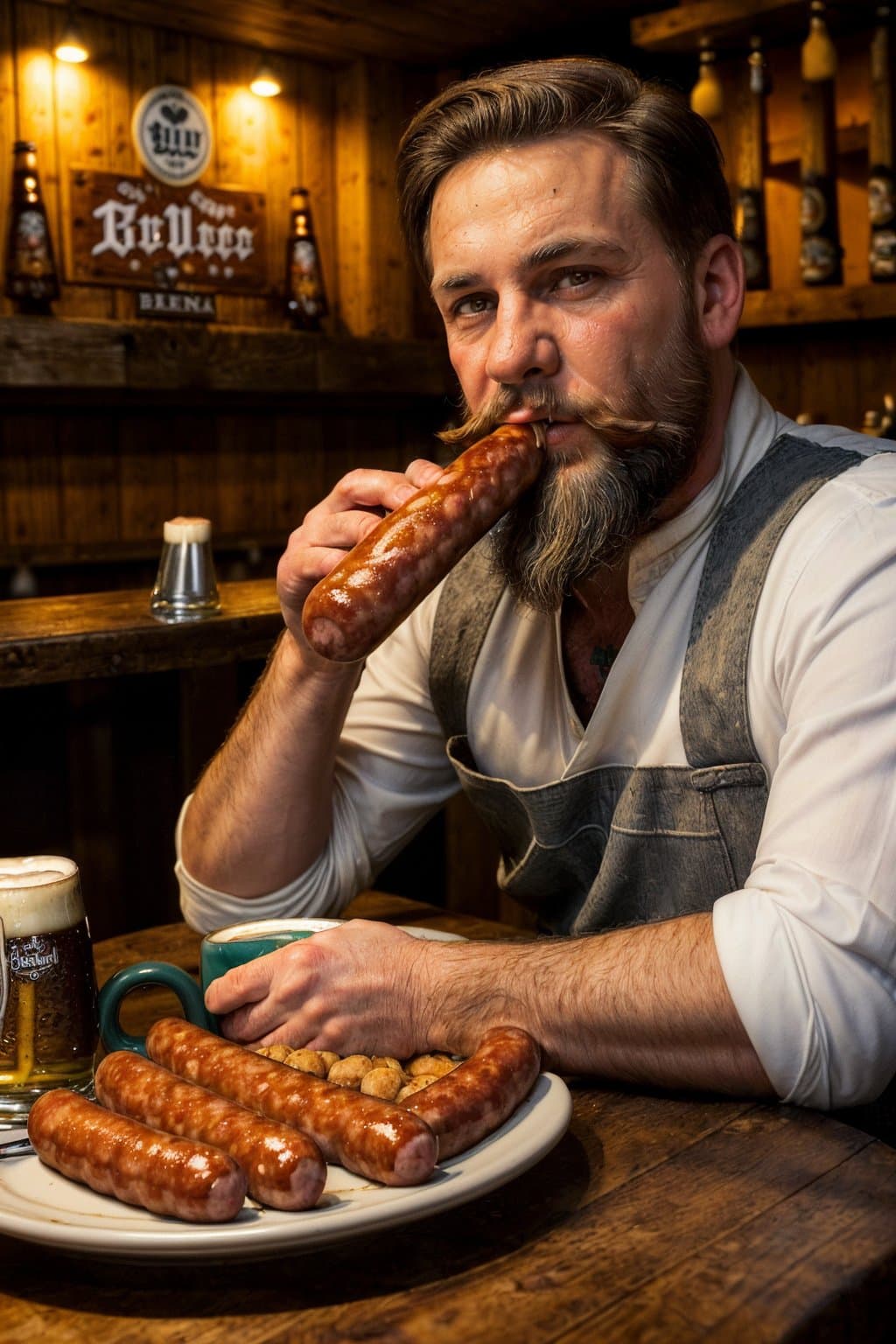 AI generated: (A bearded farmer is sitting in a German bar:1.3), (eating Bavarian sausages:1.3), (a large plate of...