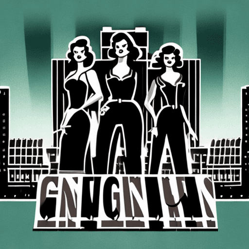 AI generated: Film noir style logo of female gangsters standing in front of a tall building. menacing. film noir. ...