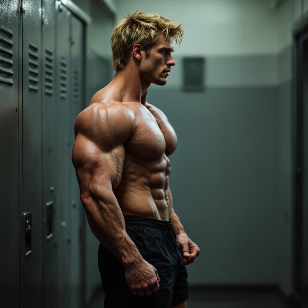 AI generated: side view of handsome male bodybuilder with large chest and arms, with blonde shaggy hair, wearing b...