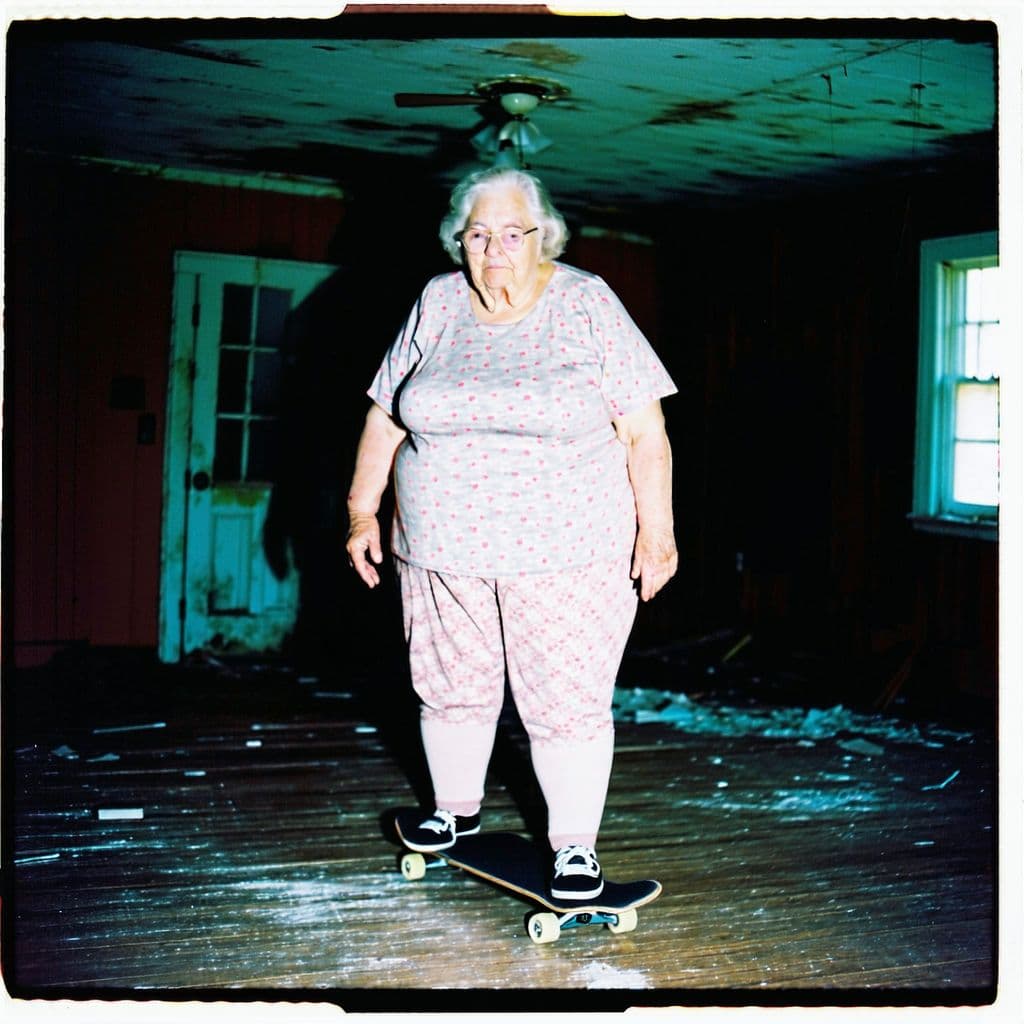 AI generated: impossibly fat skateboarding grandma in an old abandoned house, very creepy, abandoned, grainy 80's ...