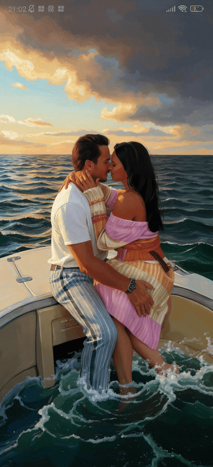 AI generated: a romantic couple on a boat at sea, embracing and kissing, oil painting on canvas, visible brushstro...