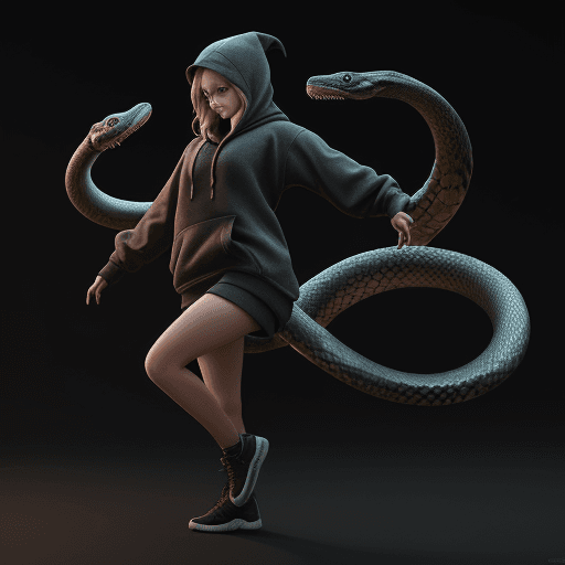 AI generated: trending on artstation, girl with a snake, dark hoodie, high detail, octane render, 8k, dancing movi...