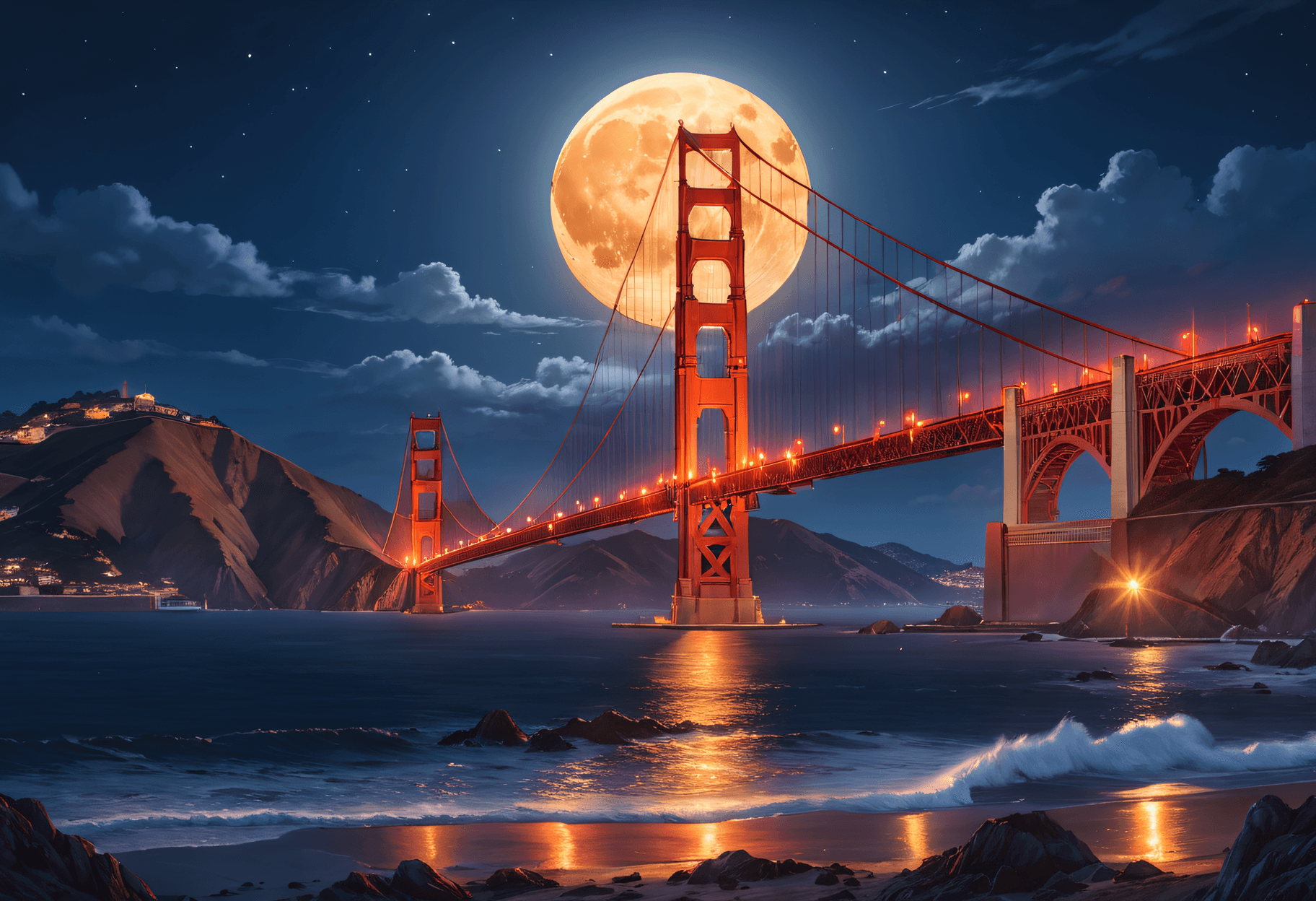 AI generated: Masterpiece, Stunning, Best quality, Golden Gate Bridge, Full Moon . 8K, UHD, HDR