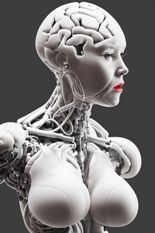 AI generated: cyborg woman| with a visible detailed brain| muscles cable wires| biopunk| cybernetic| cyberpunk| wh...