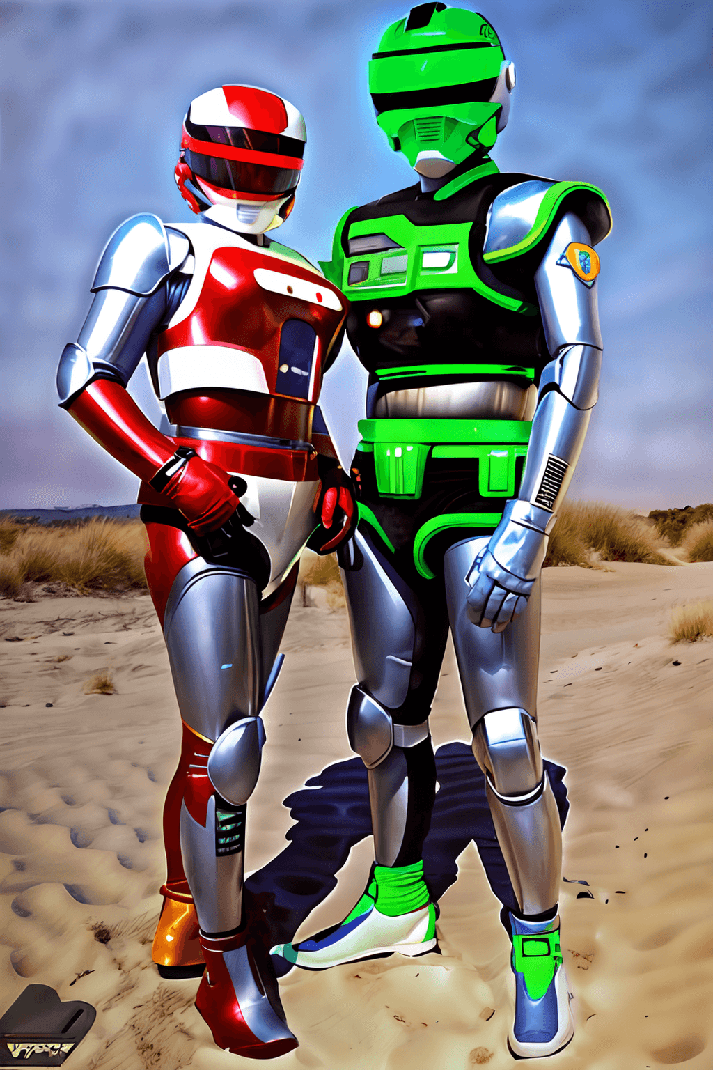 AI generated: two troopers, vrtroopers, vr trooper, 90s tv show, 90s screen grab, retro futuristic suit, power ran...