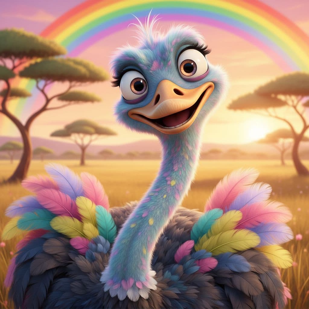 AI generated: Funny cartoon ostrich with a very long neck, expressive big eyes, colorful feathers (pastel and brig...