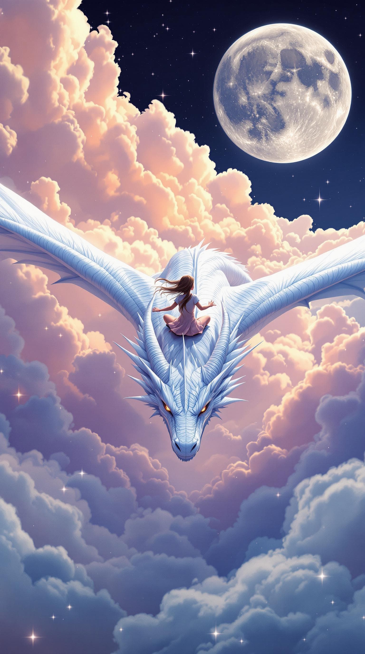 AI generated: The scene features a teenage girl mounted on the head of a white dragon, with both hands gripping th...