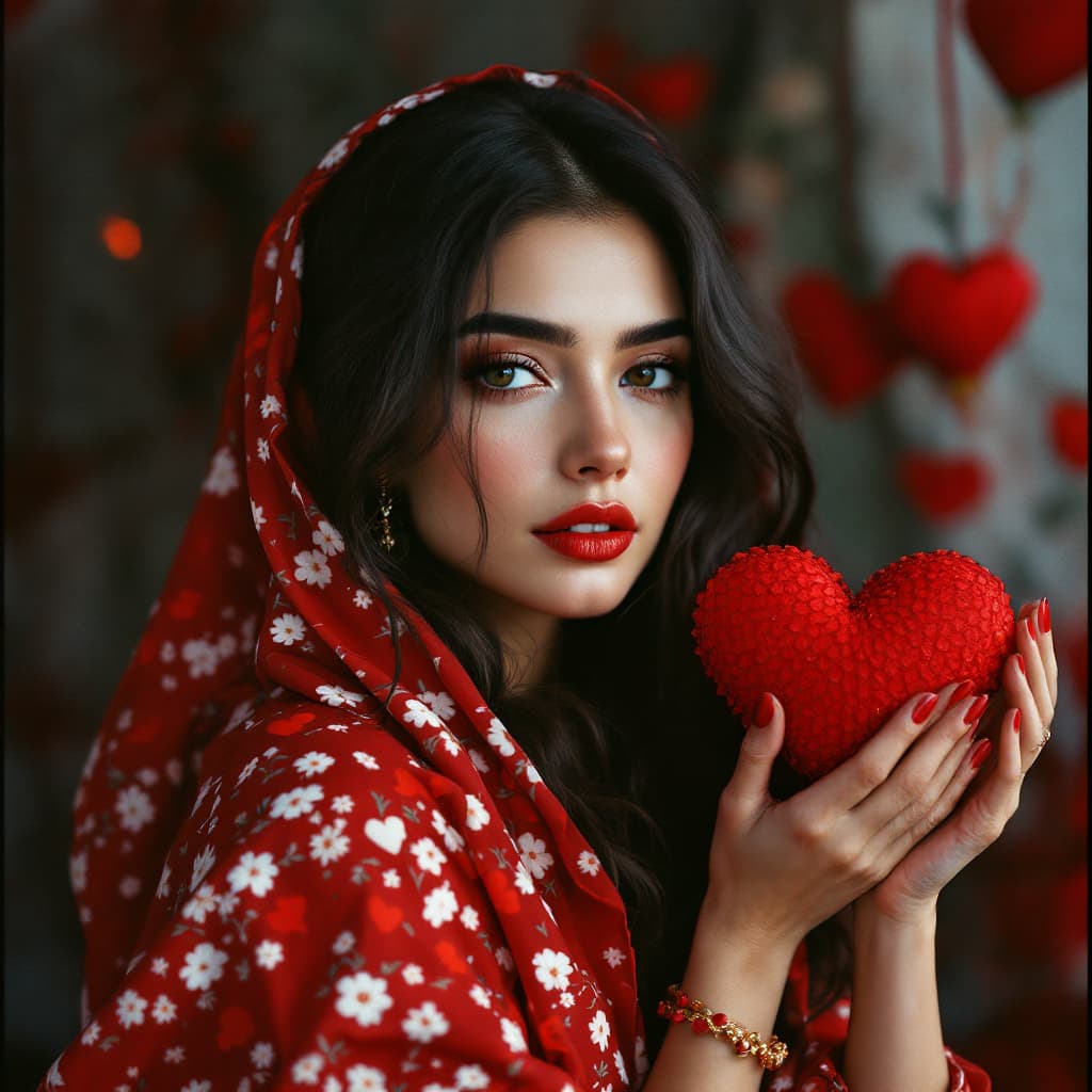 AI generated: woman, attractive, rococco, valentine, red, handdoll, Iranian, diesney theme, full body, Kodak portr...