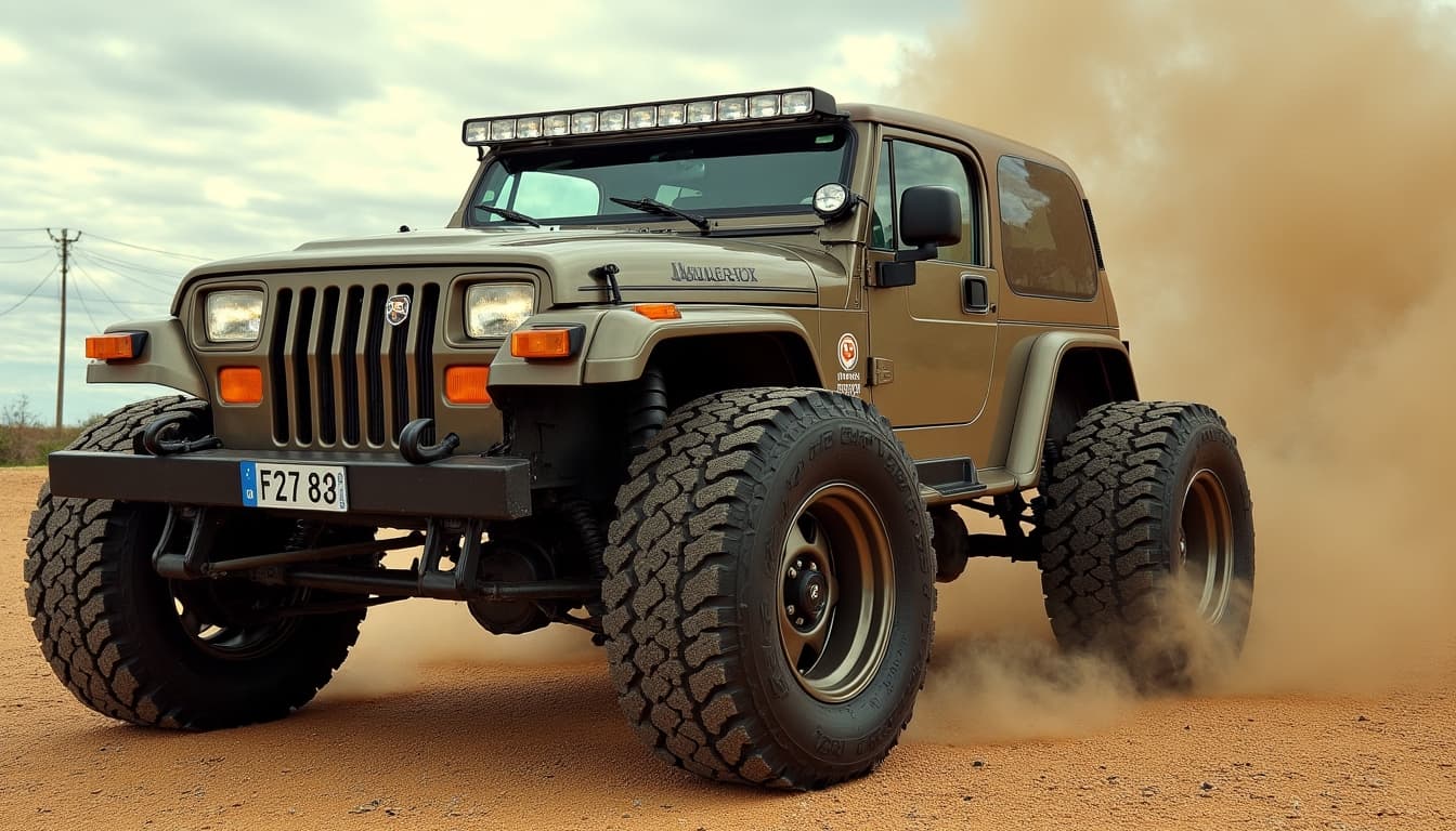 AI generated: JEEPLORAS, Jeep, hyperrealism, Tank, powerful , front lights on,  giant wheels, Dirt, brick , smoke,...