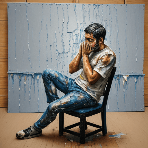 AI generated: painting of sad man sitting on chair, eyes are teary, holding face, pallet knife painted, thick text...