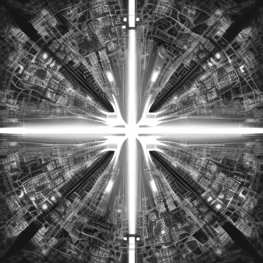 AI generated: a symmetrical abstract image of city skyline. black and white image, consist of matrix data wayne

