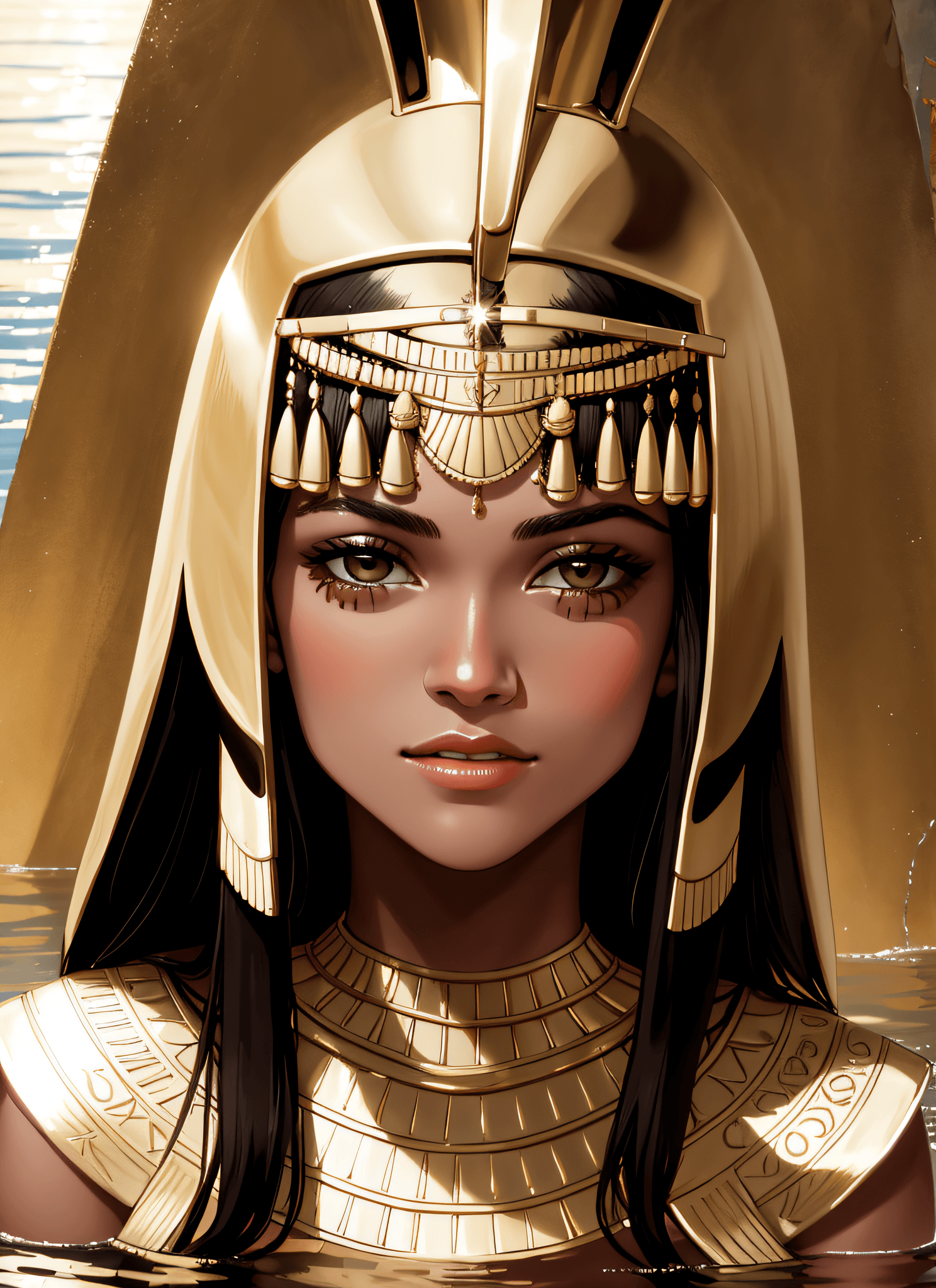 AI generated: portrait face photo of Aprild beautiful woman with bronzed skin, as an Egyptian goddess, wading wais...