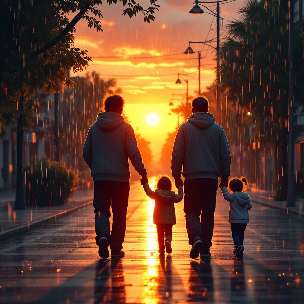 AI generated: A family walking on a peaceful but fun street all looking at different direction, ((beautiful sunset...