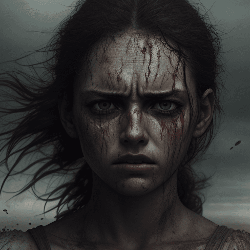 AI generated: The women stands after the battle, fear and horror on his face, tired and beaten, sand on his face m...