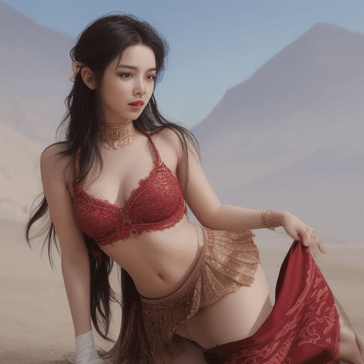 AI generated: The image depicts a gorgeous woman with waist length raven locks in a red belly dancing outfit, knee...