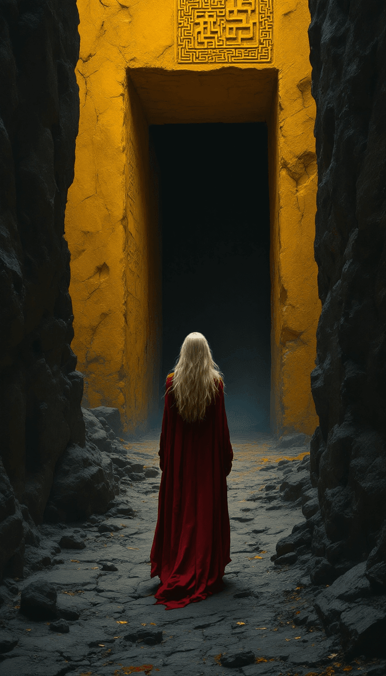 AI generated: A high-quality, zoomed out, panoramic, atmospheric classic painting depicting a lone female figure w...
