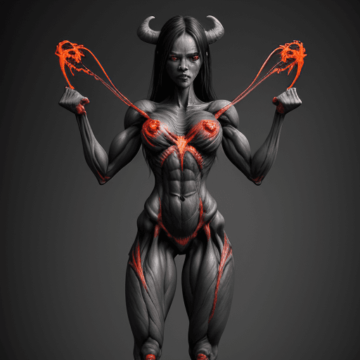 AI generated: demon girl full body, legs, fitness, gnaws at the anatomical human heart made from granite and ash w...