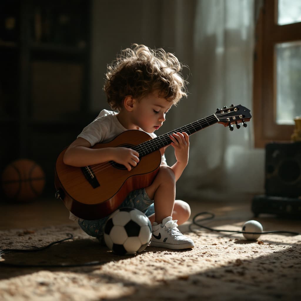AI generated: can you create an image describing a child playing music and basketball at the same time ?
