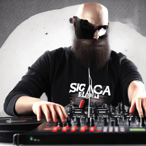 AI generated: A man, bald with beard, aggresive look, with black sunglasses, holding a dj controller, text HORIST,...