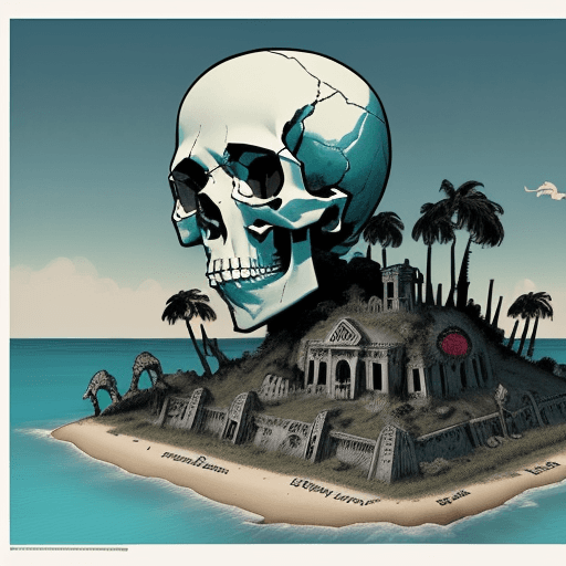 AI generated: A color comic style poster of the island of the dead, human skull figures of the undead, with A penc...