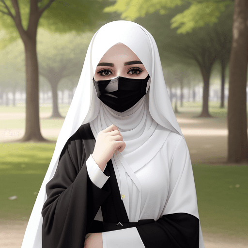 AI generated: 20 years old young girl stand in the park,wear full white bright color abaya close with black ribbon...
