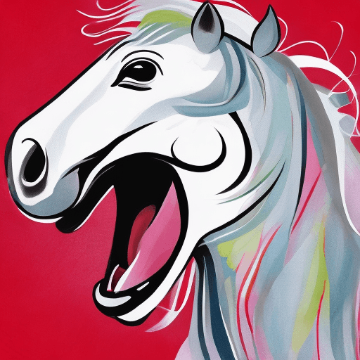 AI generated: funny illustration of a horse laughing, white background
