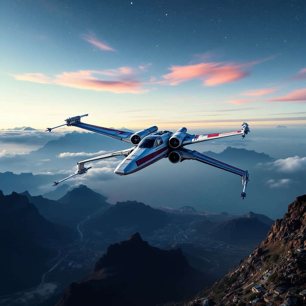 AI generated: Create star wars X wing fighter flying over Cape Town
