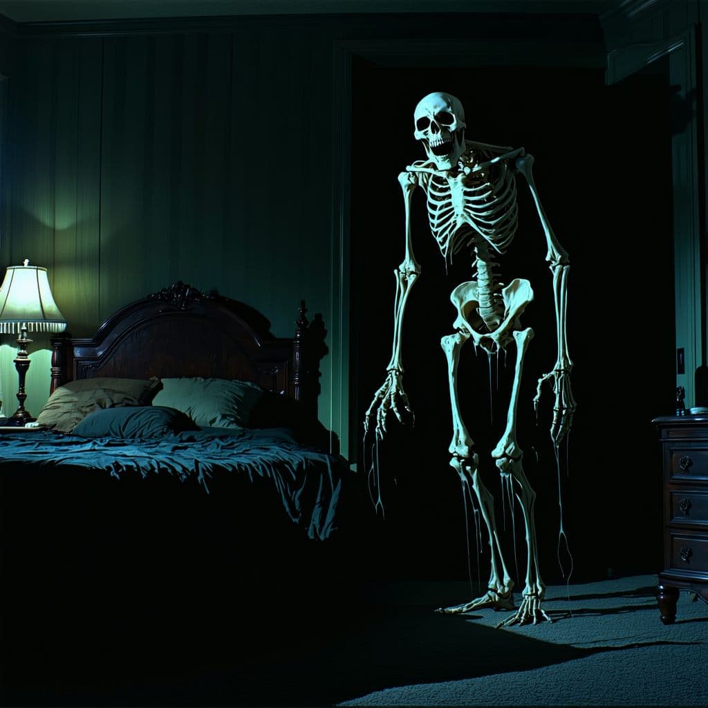 AI generated: A horrifying humanoid creature breaking into a dark bedroom, with extremely long limbs. It stands on...