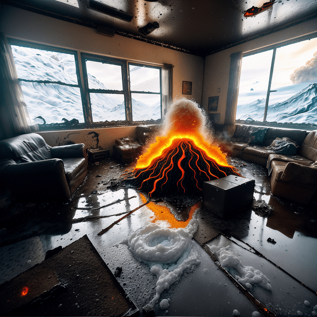 AI generated: [[cluttered messy den full of trash and weed]], large window with stormy snowy storm winter on the b...