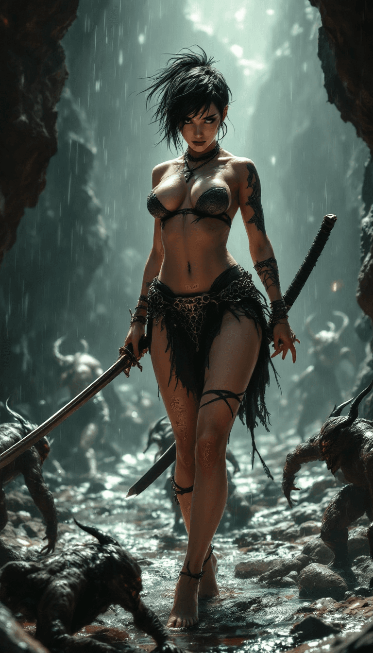 AI generated:  4K, A full body view of a barefoot beautiful Female Warrior, killing several little demons in grott...