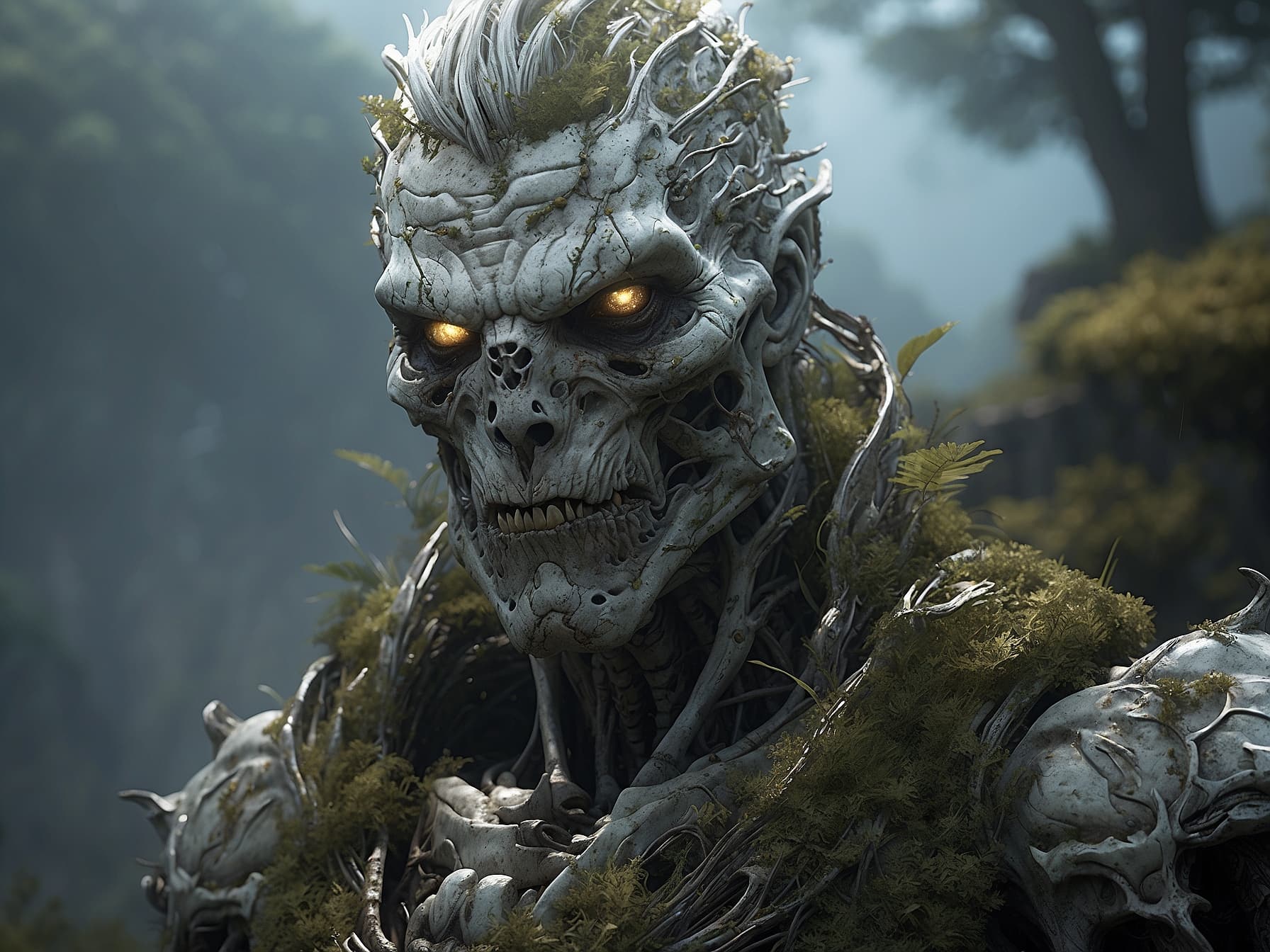 AI generated: a demonic looking creature with yellow eyes in a forest, a character portrait by senior character ar...