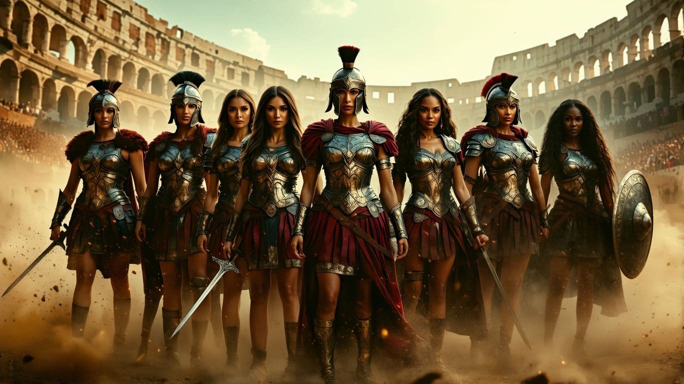 AI generated: "A group of seven fierce superheroines standing together in the heart of ancient Rome, inspired by t...