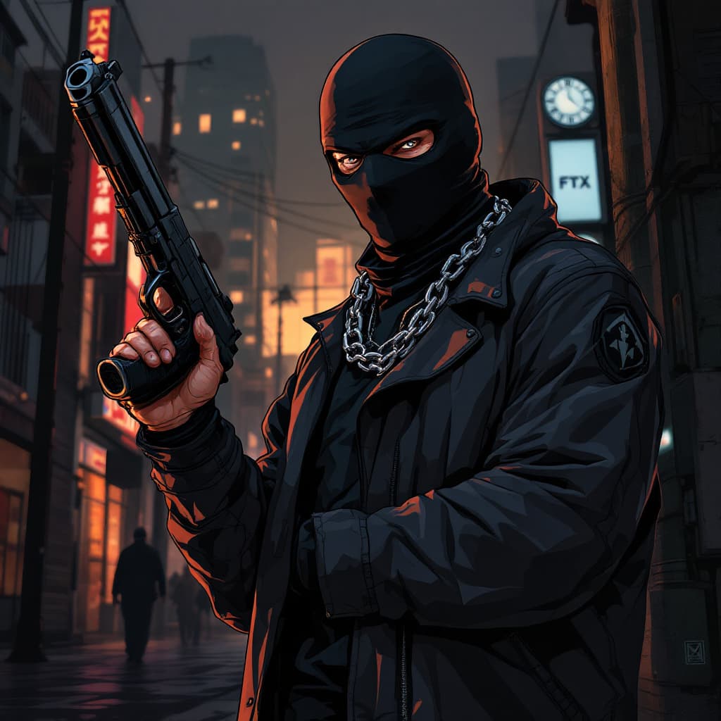 AI generated: Cartoon illustration of a man in a black mask with a chain around his neck holding a gun and showing...