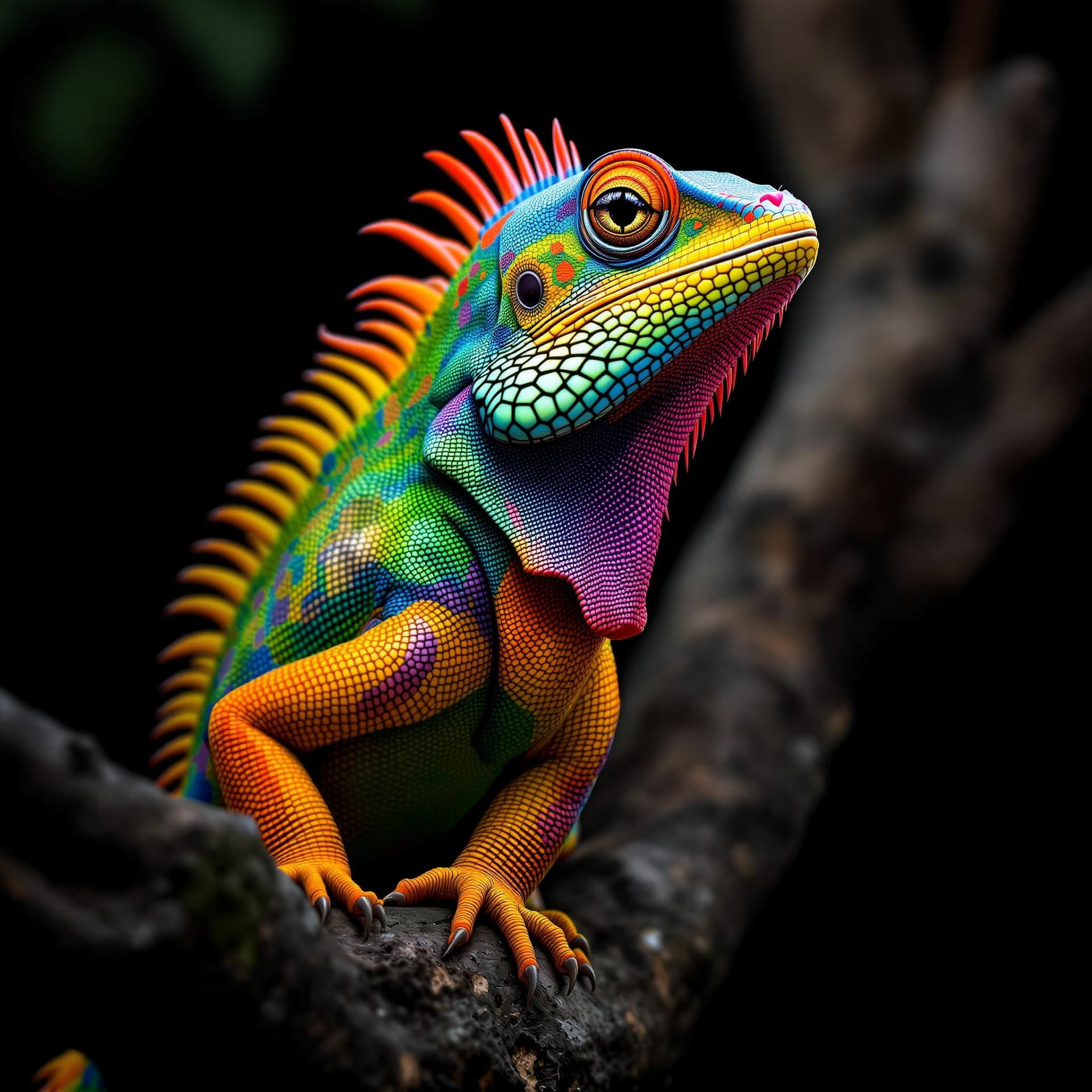 AI generated: The portrait image features a large, colorful lizard with a neck and a long tail. The lizard is on a...