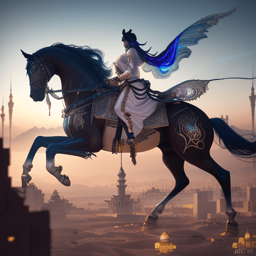 AI generated: Mecca Animation stylized anime mixed with tradition Arabian artworks~ A Arabian Horse flying at mode...