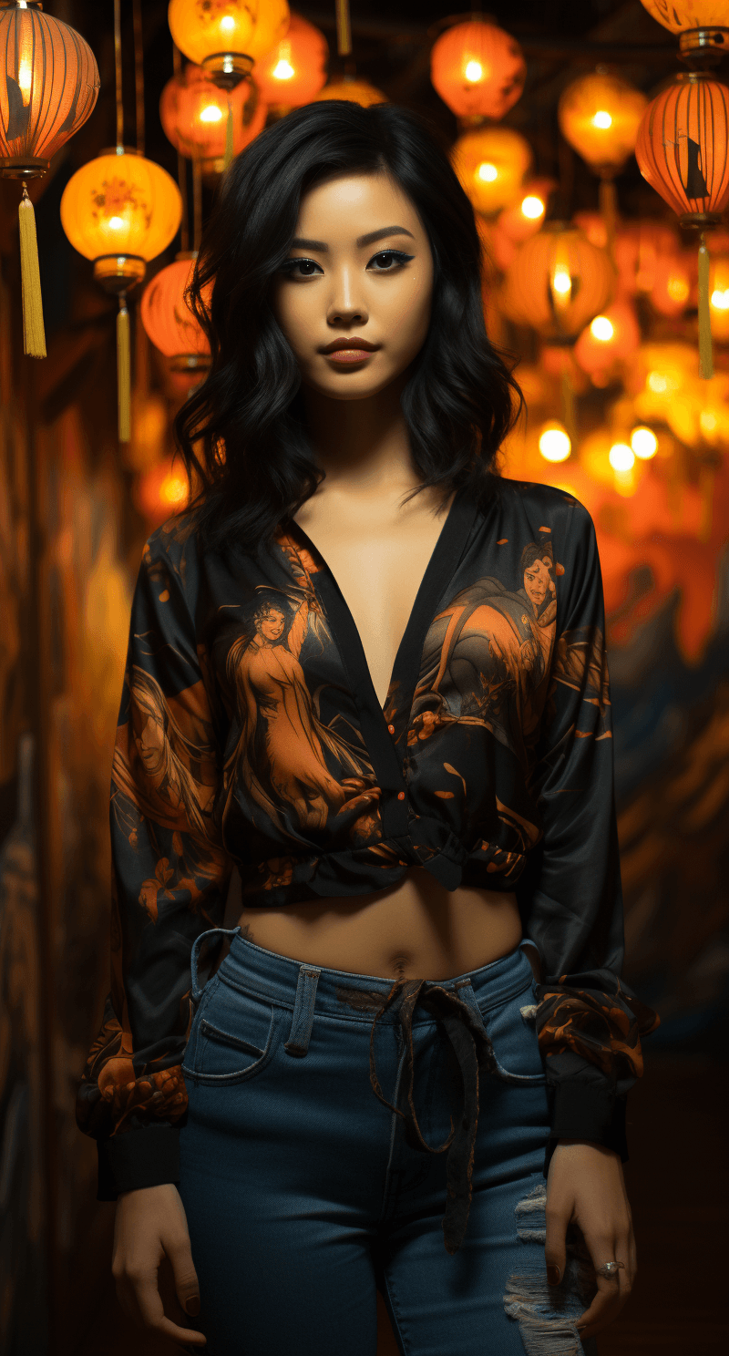 AI generated: a beautiful asian model in jeans at night, in the style of casey weldon, detailed attention to costu...