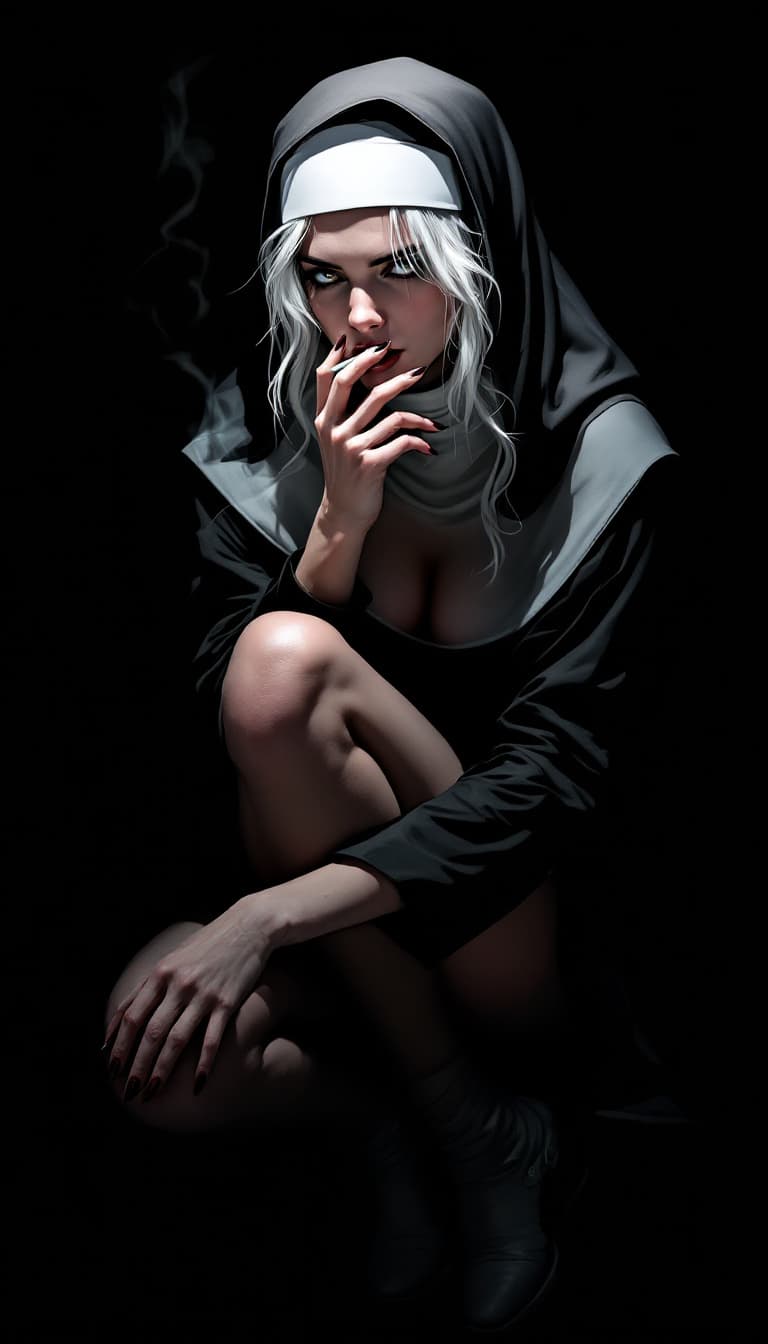 AI generated: Comic book cover illustration, full body shot of a white-haired nun, smoking, knees up, apathetic on...